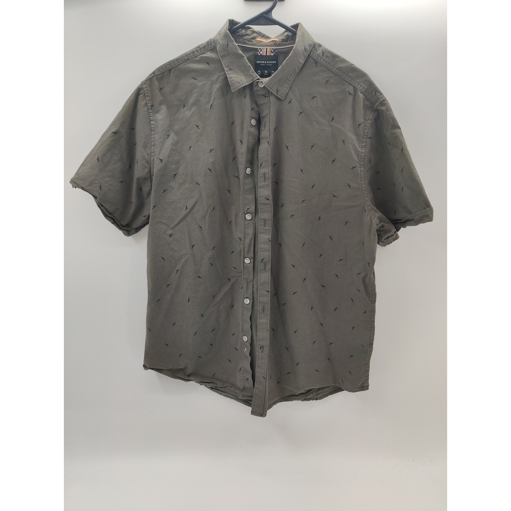 Denim & Flower Ricky Singh Mens XL Slim Fit Bird Print Button Down Shirt Olive